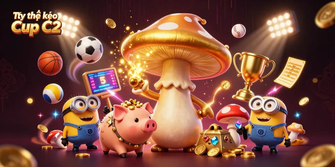 Engage in Tỷ lệ kèo Cup C2 betting excitement with dynamic 3D characters and vibrant sports elements.