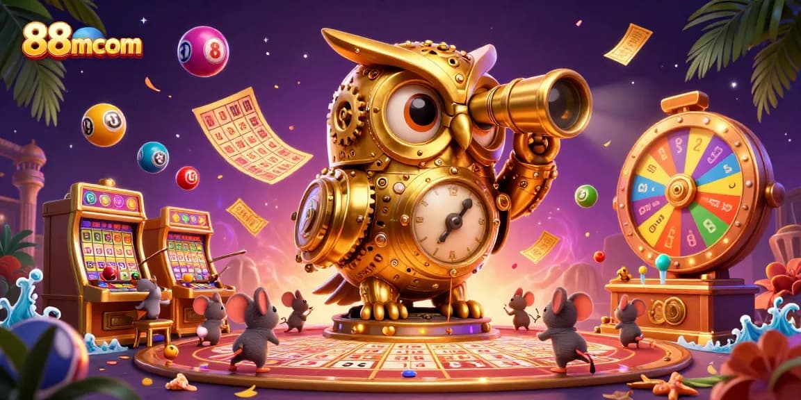 Engage in high-stakes excitement at 88mcom with a dynamic casino scene featuring a whimsical owl and vibrant lottery elements.