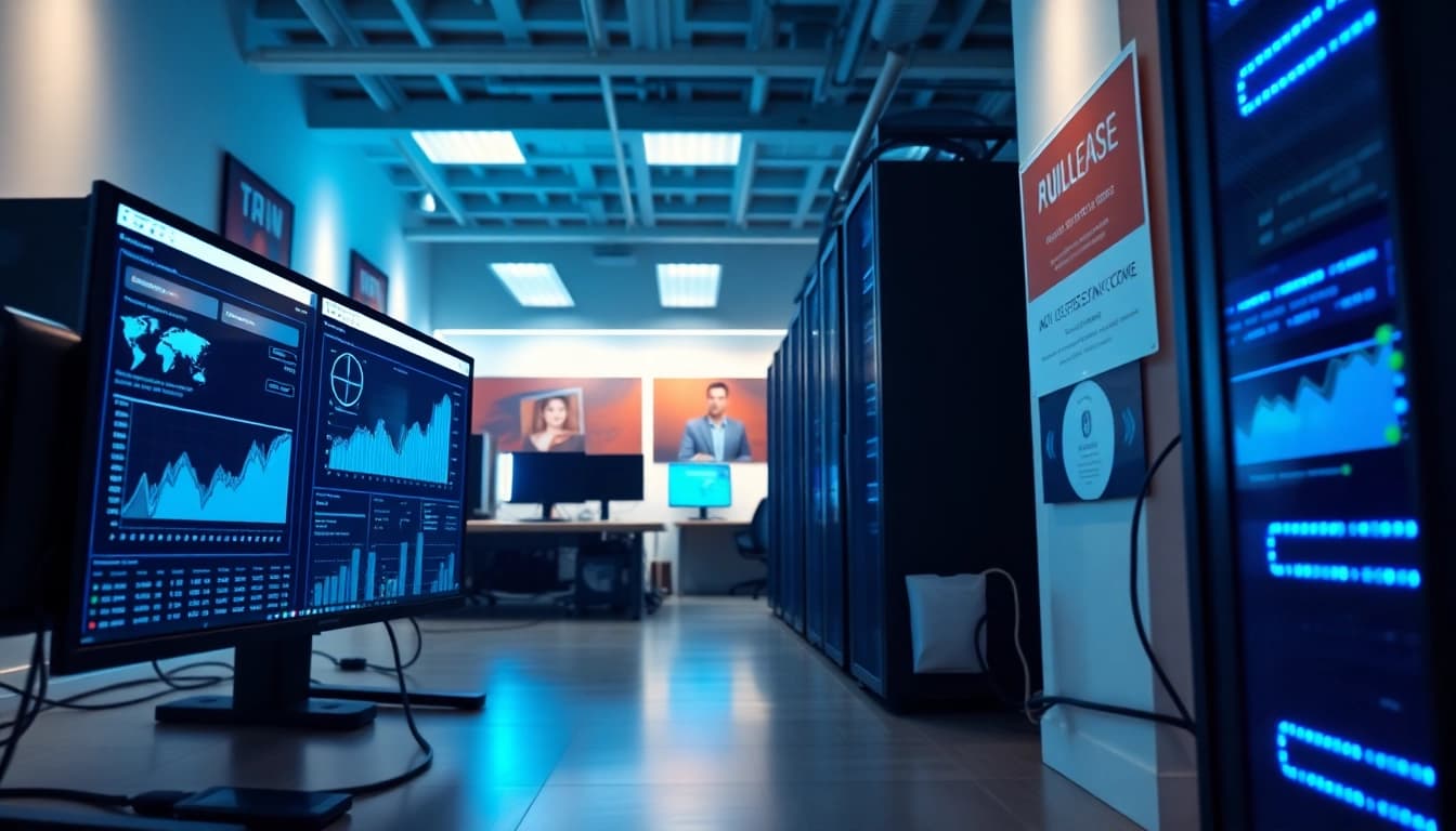 Enhance your adult hosting services with a professional setup showcasing sleek servers and digital dashboards.