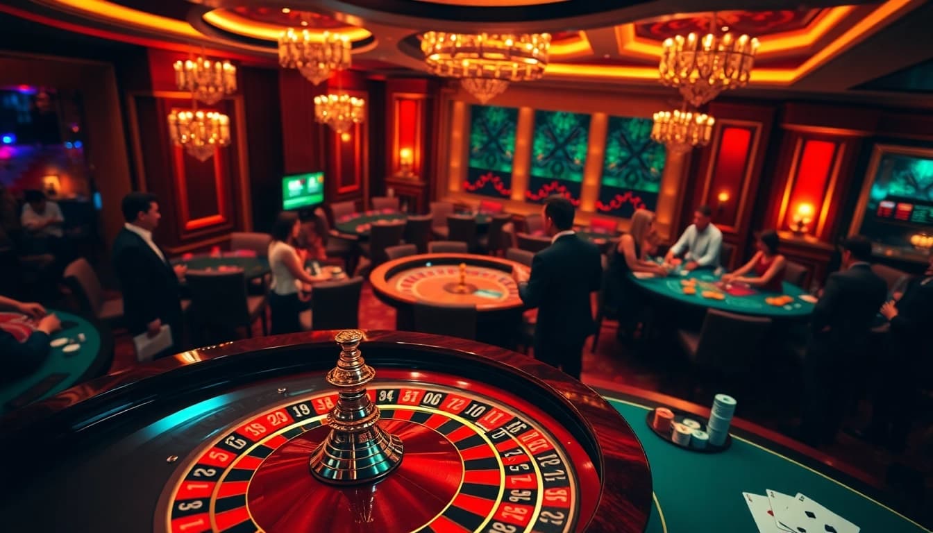 Players engaging in high-stakes bets at 188 bet casino tables with vibrant lighting.