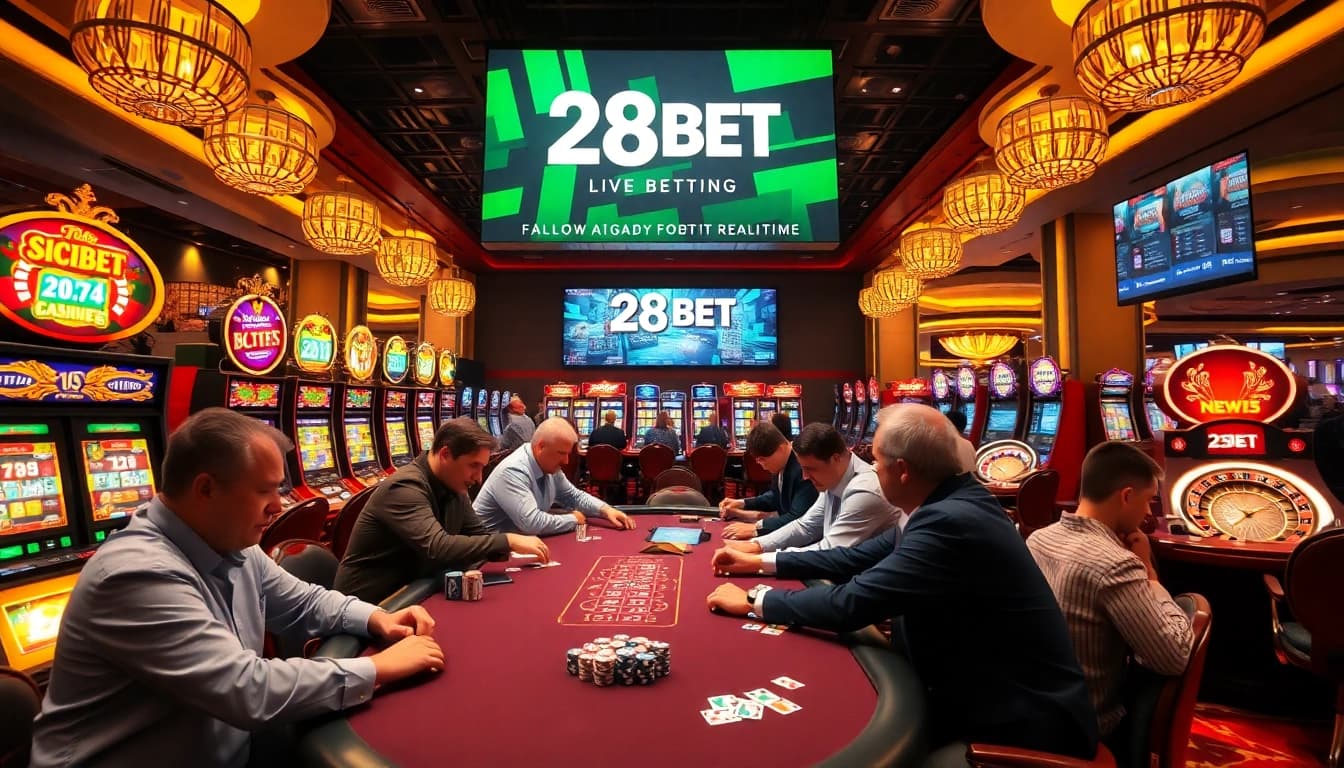 28BET focuses on high-stakes excitement at luxurious casino tables with vibrant slot machines.