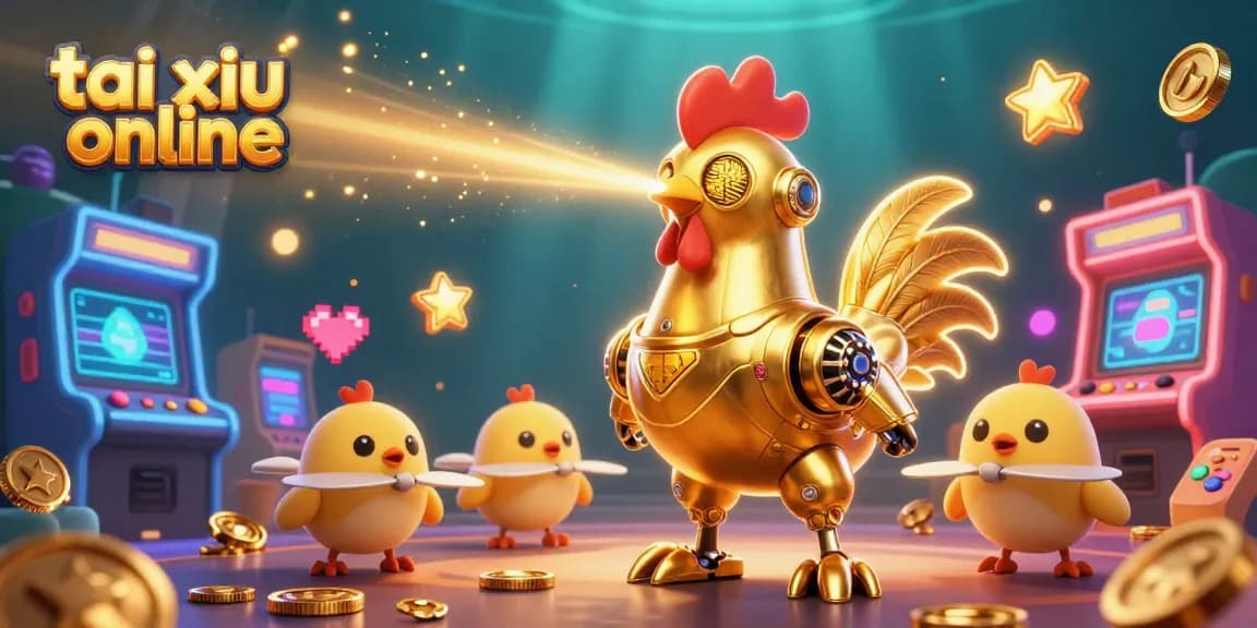 Tai xiu online features a golden rooster robot dazzled by glowing arcade machines and baby chick drones.