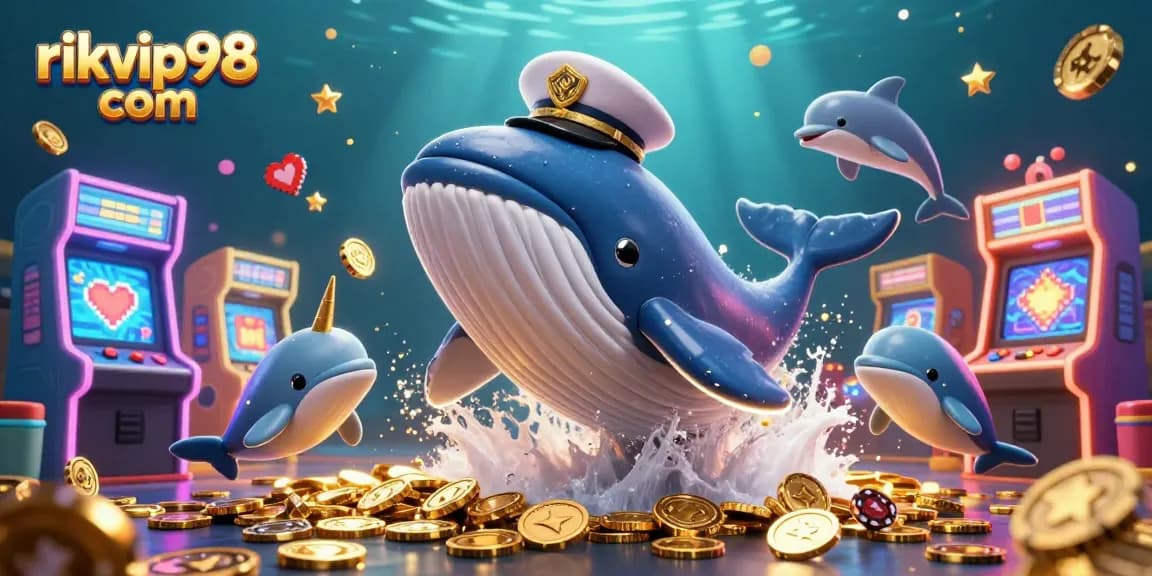 Experience thrilling gaming adventures with rikvip98 com – a 3D cartoon whale, playful dolphins, and vibrant casino elements.
