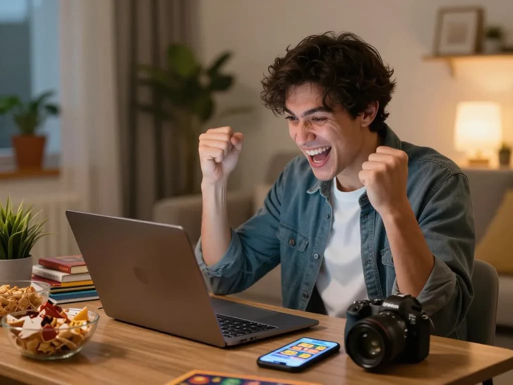 Player celebrating a win on 888NEW casino app while relaxing at home, joyful expression, cozy environment