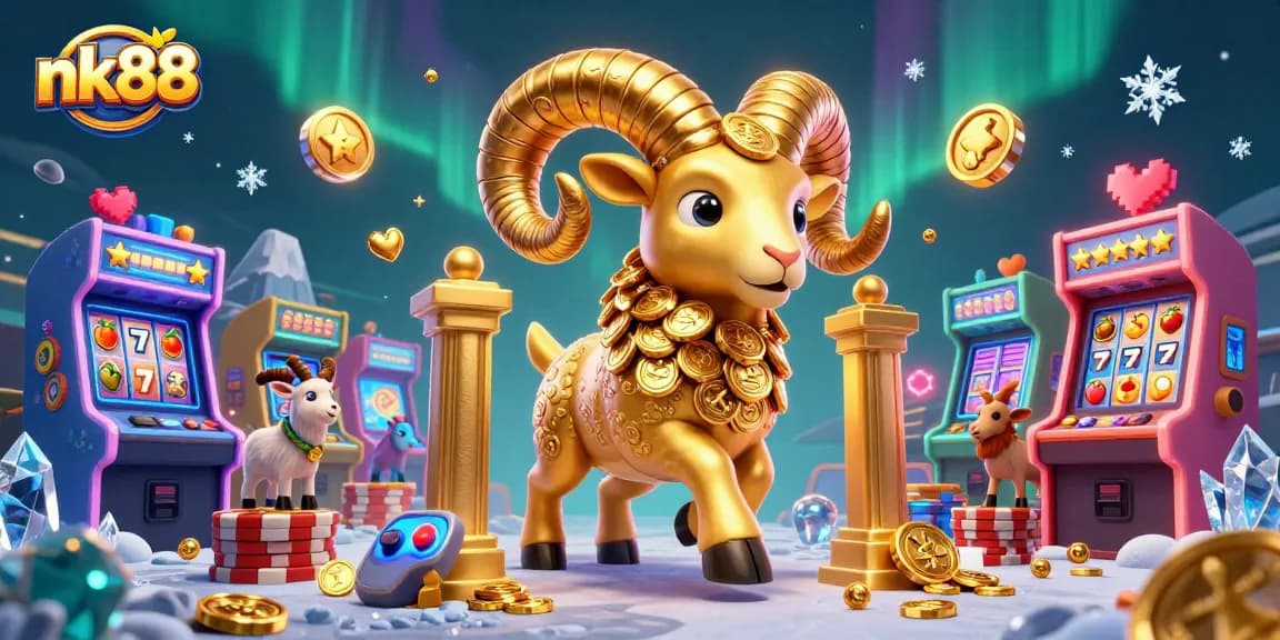 Experience the vibrant energy of nk88's gaming world featuring a golden ram charging through casino visuals.