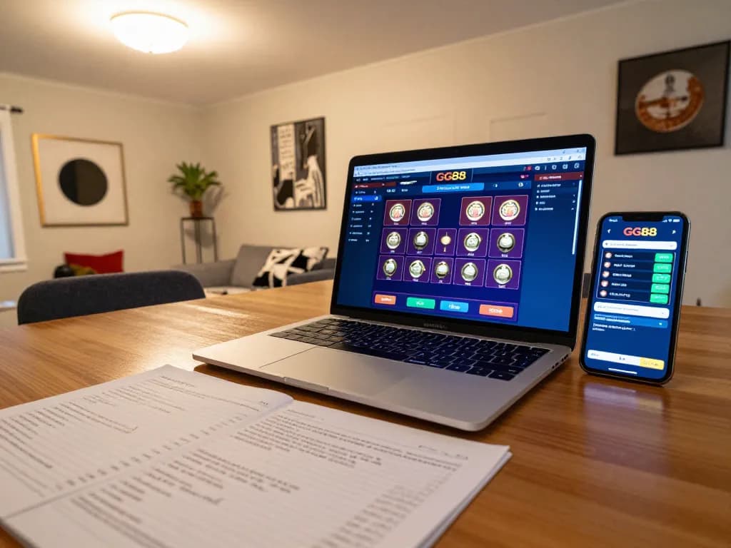 Experience online gaming on GG88 platform with a laptop and smartphone setup, creating a vibrant gambling atmosphere