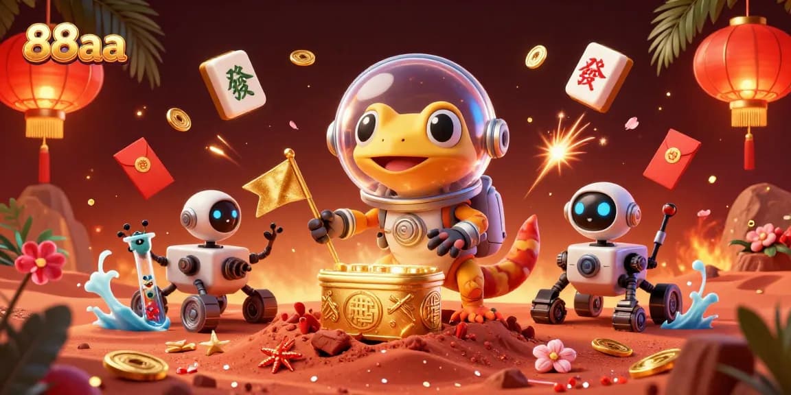 Experience exciting gameplay at 88aa with Martian gecko discovering a hidden casino in a vibrant cosmic landscape.