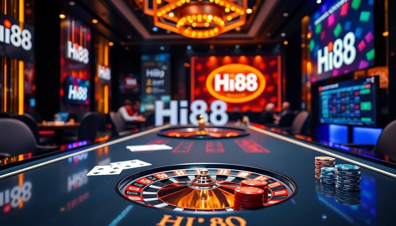 High-stakes poker action at Hi88 casino with vibrant poker chips and a roulette wheel