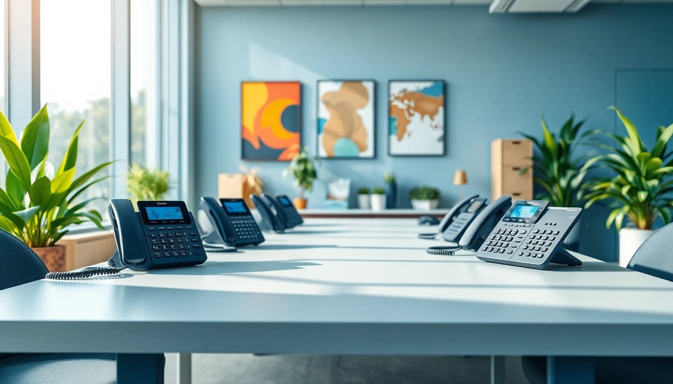Showcase of office phone systems in a modern workspace setting highlighting versatility.