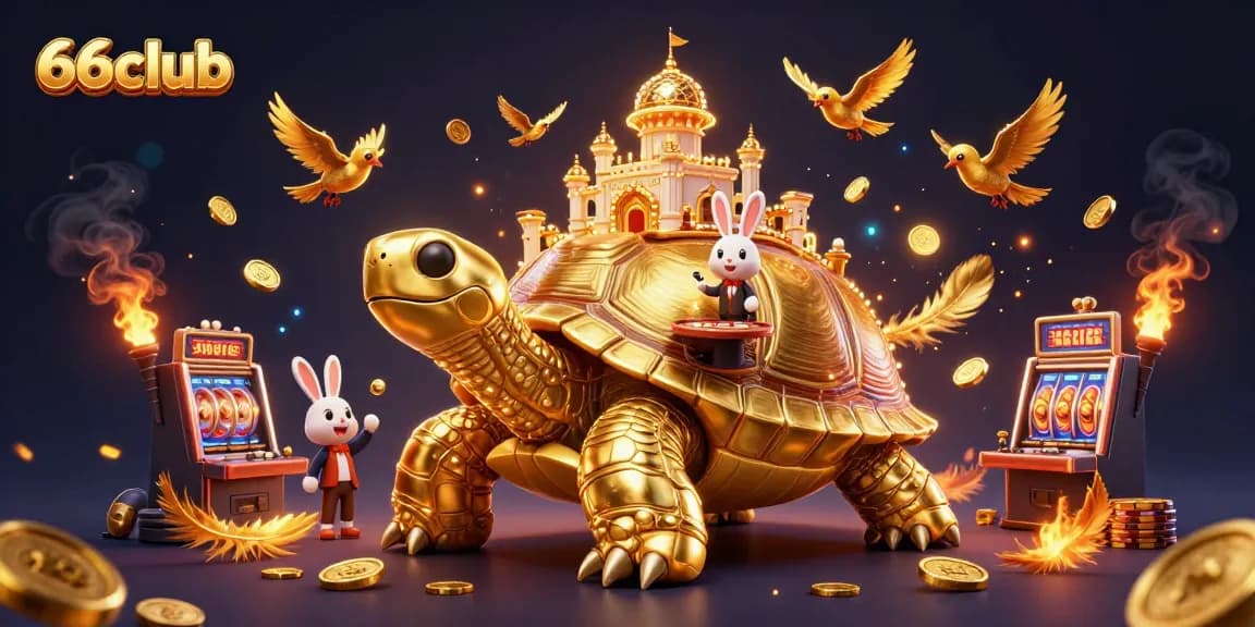 Experience exciting gameplay at 66club with a vibrant casino scene featuring a golden tortoise and a rabbit dealer.