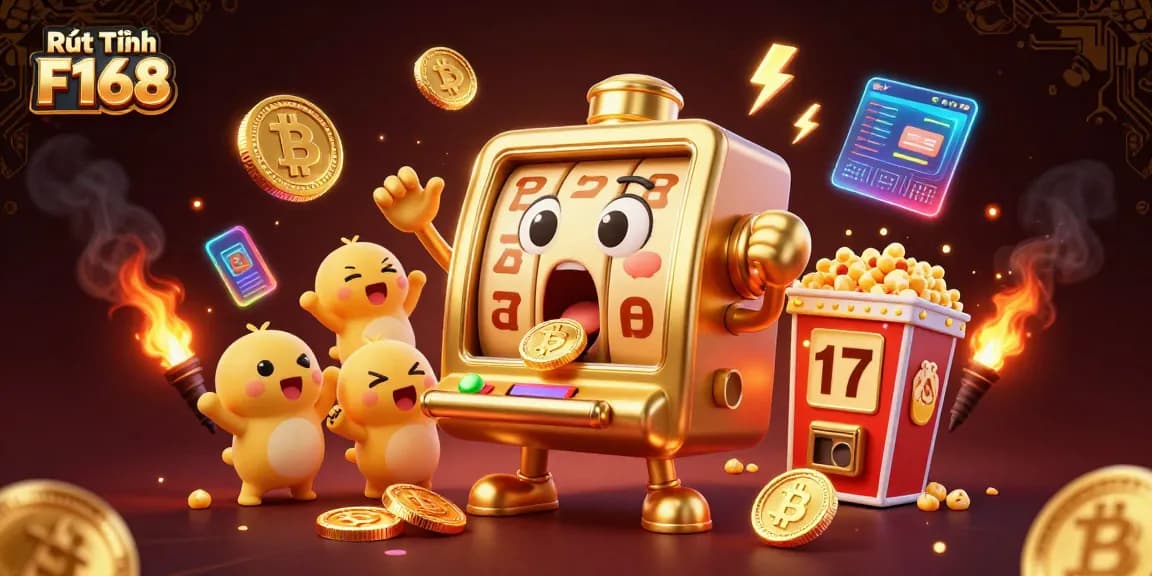 Rút Tiền F168 showcases a jubilant golden slot machine hitting a jackpot, surrounded by vibrant casino elements.