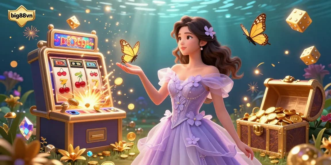 Experience big88vn's jackpot bliss with golden symbols, butterflies, and a vibrant slot machine explosion!