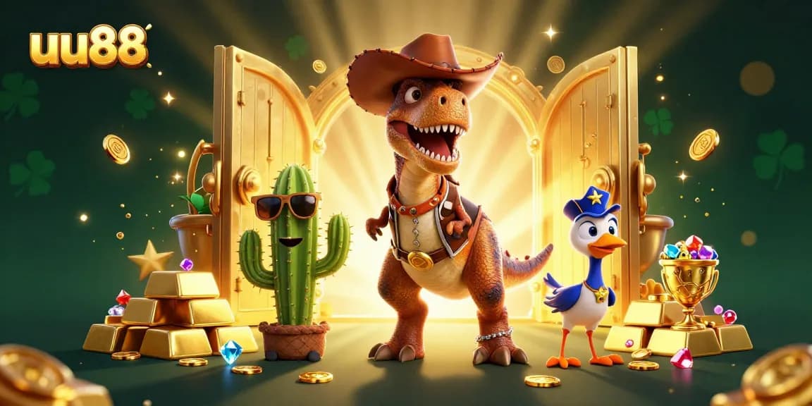 uu88 players hitting jackpots with vibrant 3D cartoon dinosaur and companions amid a treasure scene