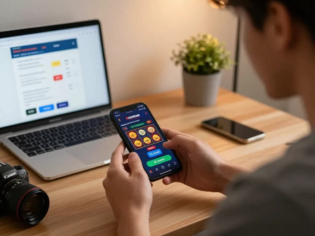 Player engaging with PHDREAM GCash app for mobile betting, showcasing online casino excitement in a cozy home workspace.