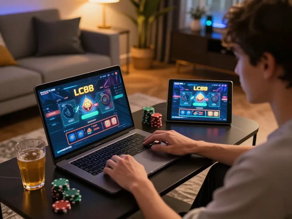 Player engaging with LC88 casino app while enjoying cozy home gaming experience