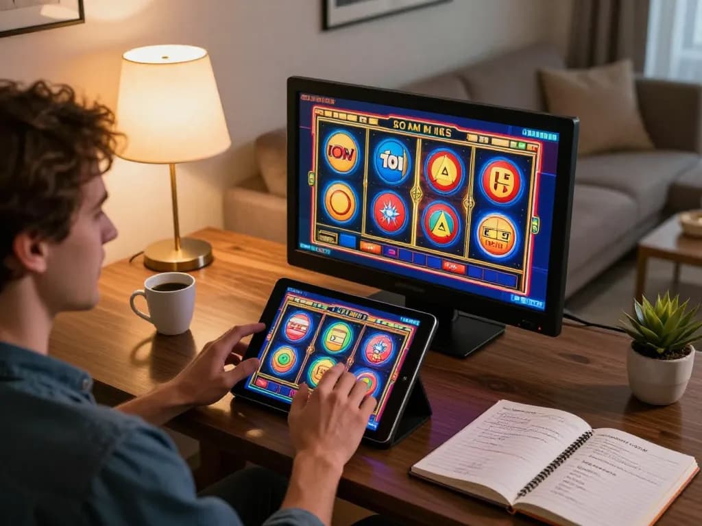 Player enjoying nohu90 slot games on a tablet in a cozy home setting