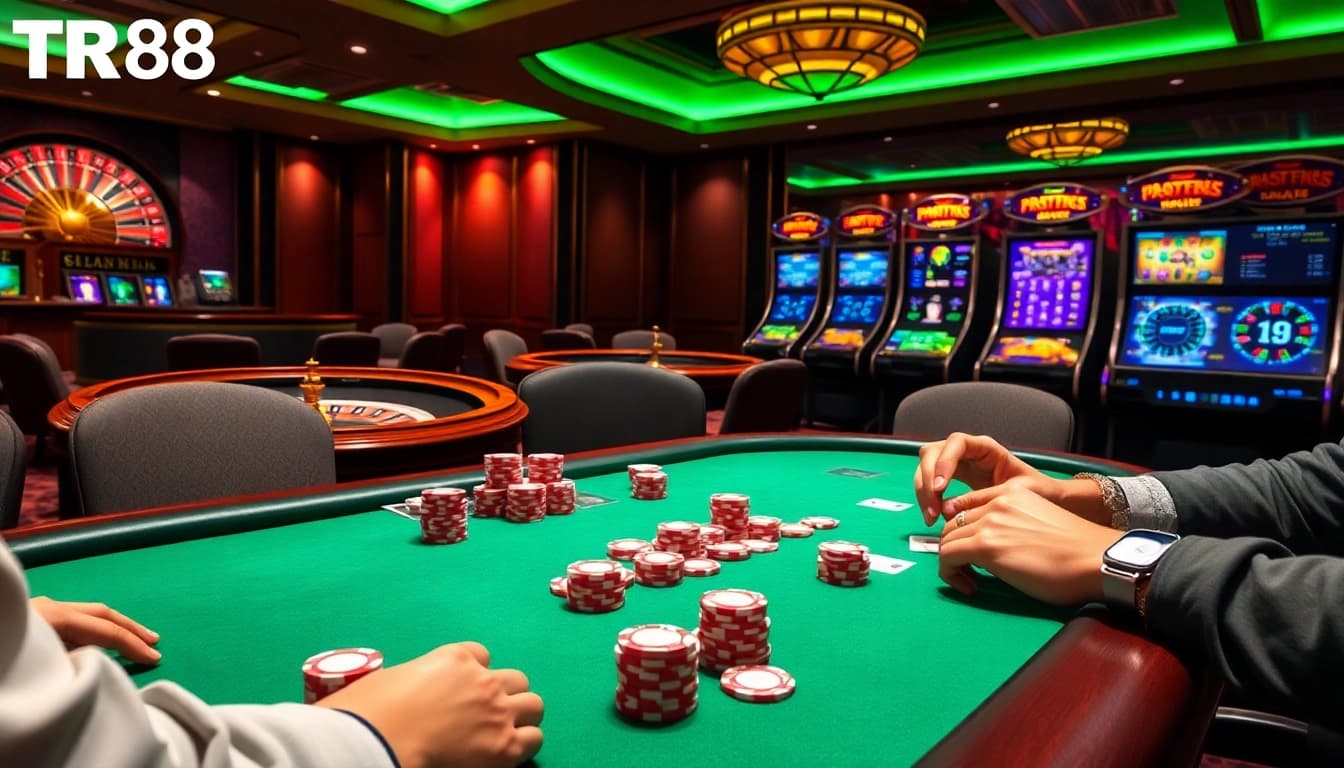 Experience the excitement of TR88 with vibrant casino tables, poker chips, and lively game displays.