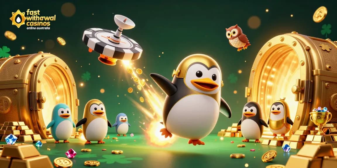 Experience fast withdrawal casinos online Australia with a dynamic 3D scene showcasing a golden penguin spaceship and sparkling treasures.