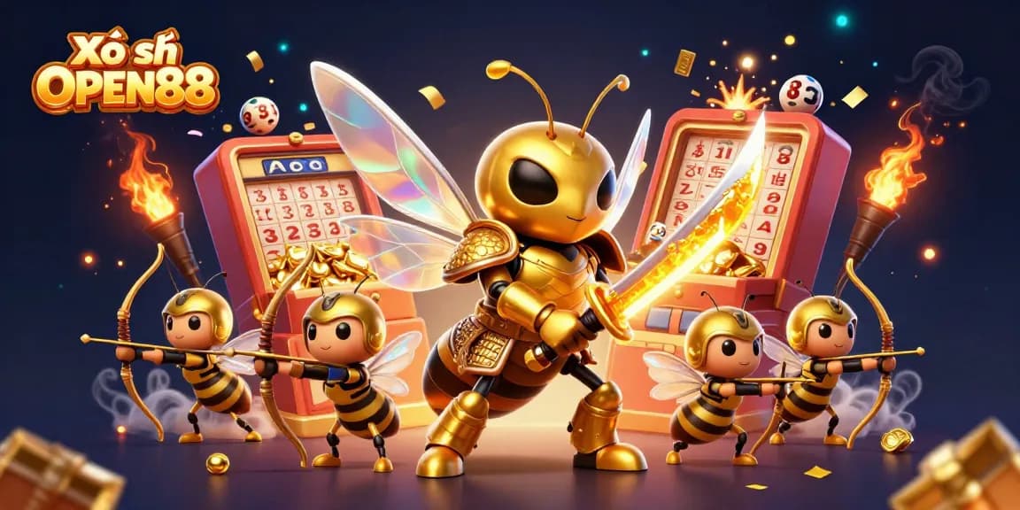 Xổ số OPEN88 lottery machine bursting with numbered balls, surrounded by golden hornet and bee archers