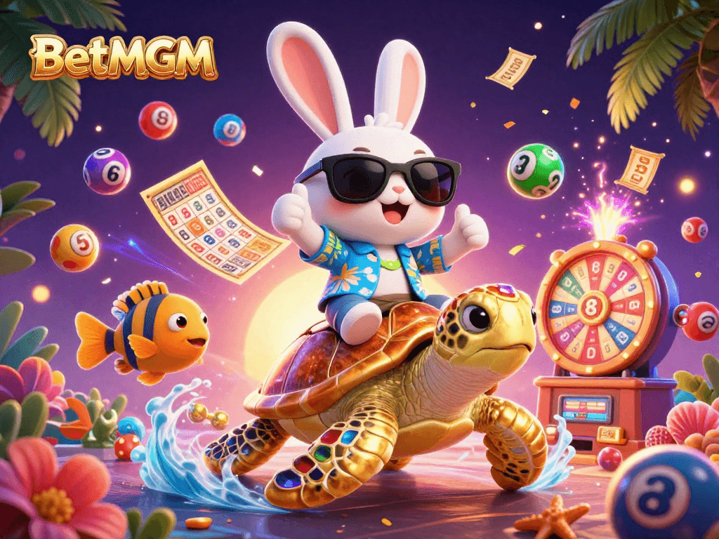 Experience the thrill of BetMGM with a cartoon lucky rabbit, golden turtle, and lottery fun!