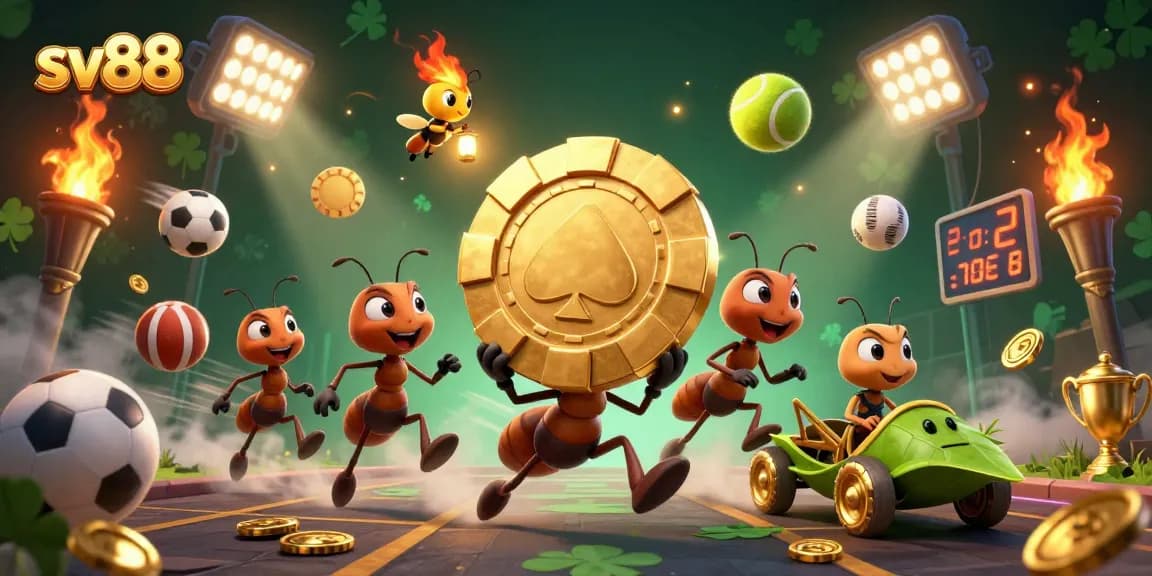 sv88 showcases animated ants heisting a golden poker chip, surrounded by sports elements.