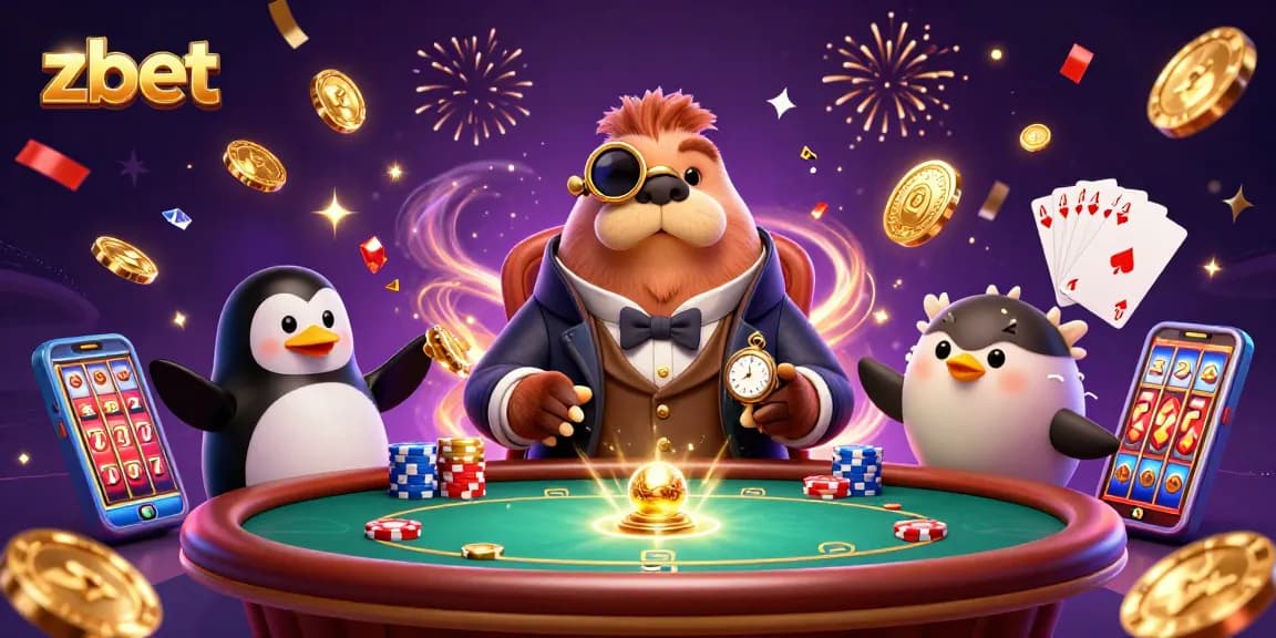 Experience the jolly walrus at zbet's poker table amid dazzling casino action!
