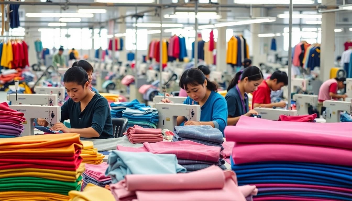 Clothing manufacturers in China producing vibrant textiles with skilled workers and modern machinery.