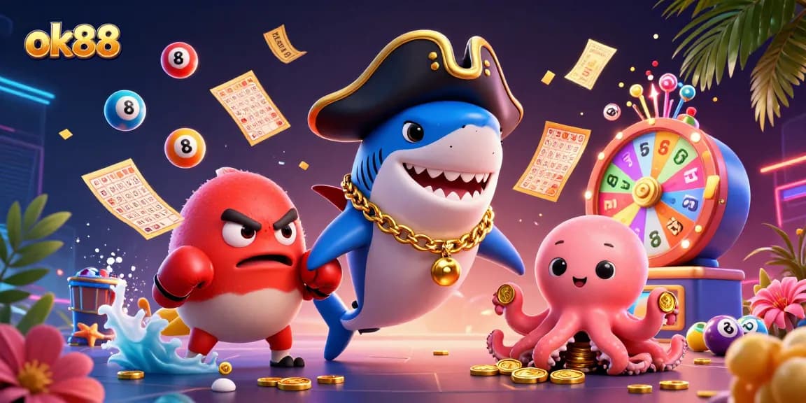 Engage with ok88's vibrant lottery scene featuring a cartoon pirate shark, pufferfish, and octopus with gold coins.