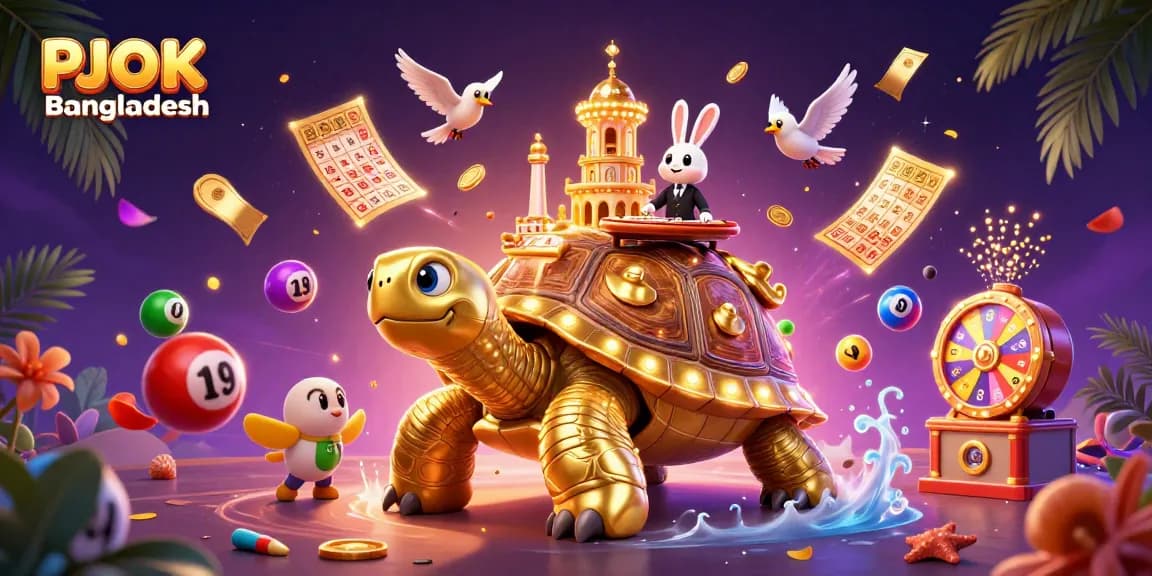 Experience the excitement of PJOK Bangladesh with a vibrant casino-themed illustration featuring a golden tortoise casino and dynamic elements.