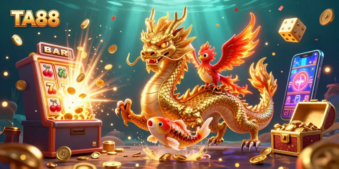 Experience thrilling wins with TA88's vibrant casino scene featuring a dragon, phoenix, and koi fish.