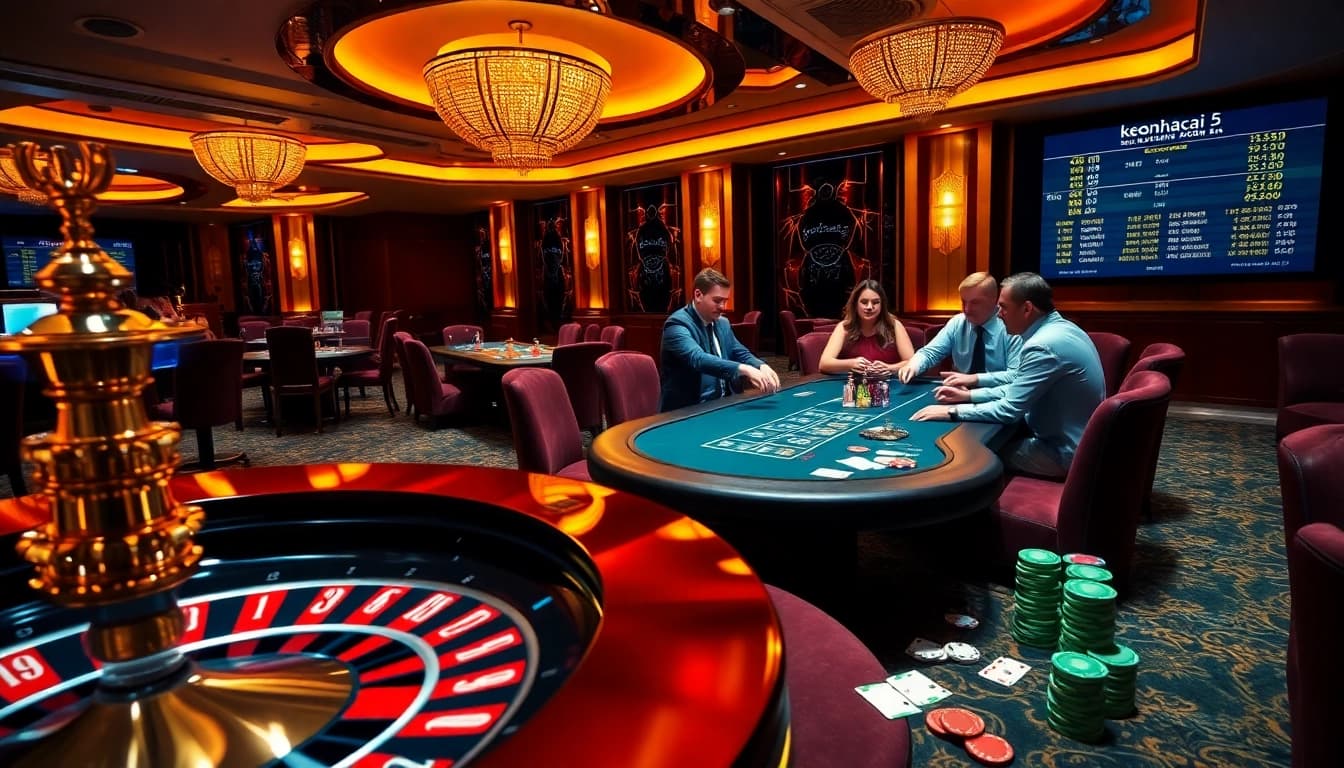 Experience the excitement of keonhacai 5 with casino action at a vibrant roulette table.