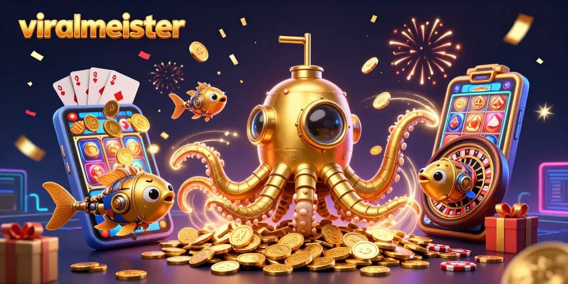 Spin to win with viralmeister in a vibrant casino scene filled with gold coins and exciting games.