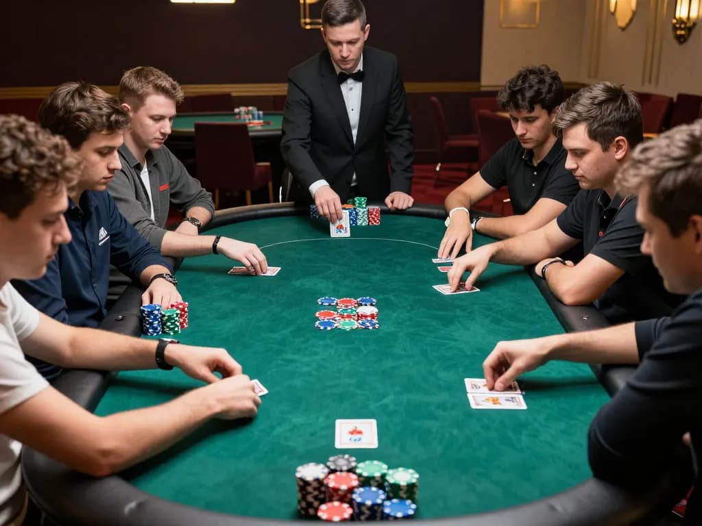 Players strategizing in intense poker game at high-stakes table, showcasing 33cc.info excitement in casino.