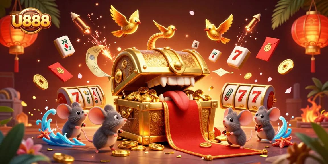 U888 engaging illustration showcasing vibrant slot games, enticing players with luck and excitement.