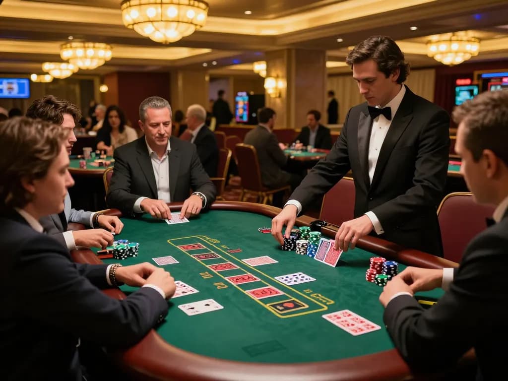 Experience thrilling blackjack gameplay at gk888 casino, featuring engaged players and a professional dealer.