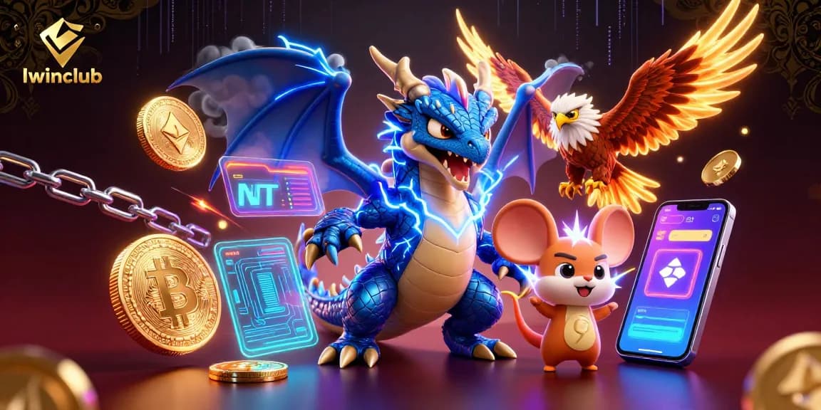 Iwinclub showcases exhilarating gaming action amidst engaging 3D casino characters and vibrant crypto elements.