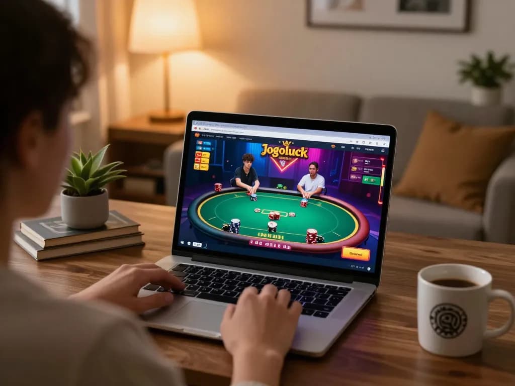 Person engaging in exciting gameplay on Jogoluck online platform at home, showcasing dynamic casino atmosphere