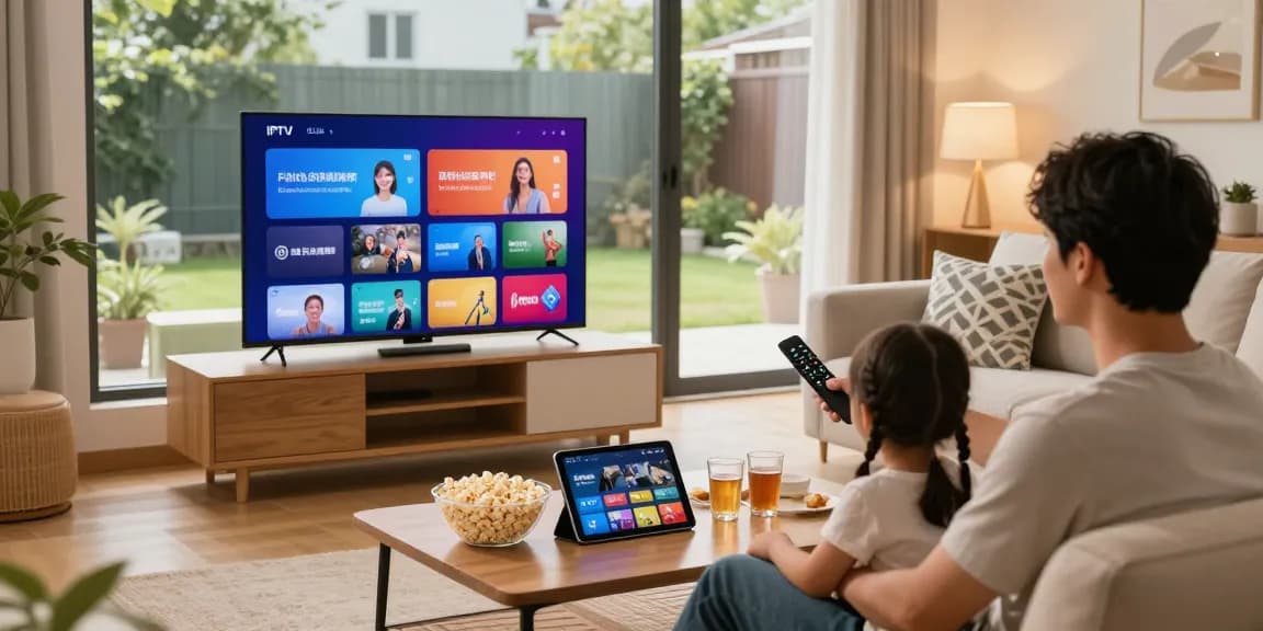 Família assistindo IPTV em uma sala de estar moderna com conforto e tecnologia.