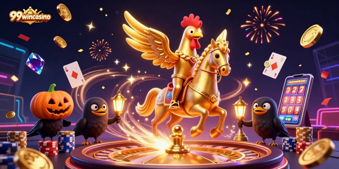 Experience the excitement of 99wincasino with golden rooster, roulette, and vibrant casino action