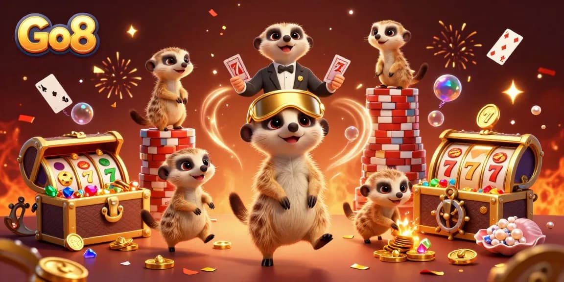 Go8 meerkats manage a lively casino with colorful slots and festive elements.
