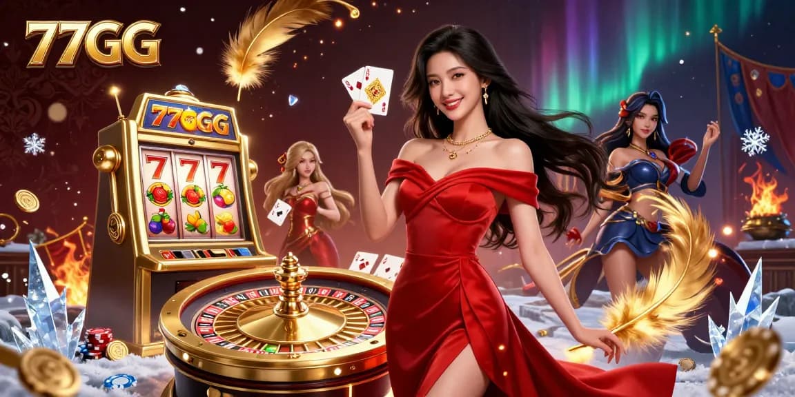 Experience thrilling gameplay at 77GG with beautiful illustrations of luxurious casinos and vibrant gaming action.