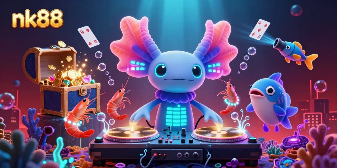 Win big with NK88's vibrant casino gaming illustration featuring unique underwater characters.