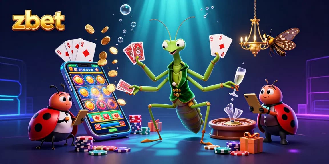 Engage visually with zbet's vibrant casino scene featuring dynamic characters and exciting casino elements.