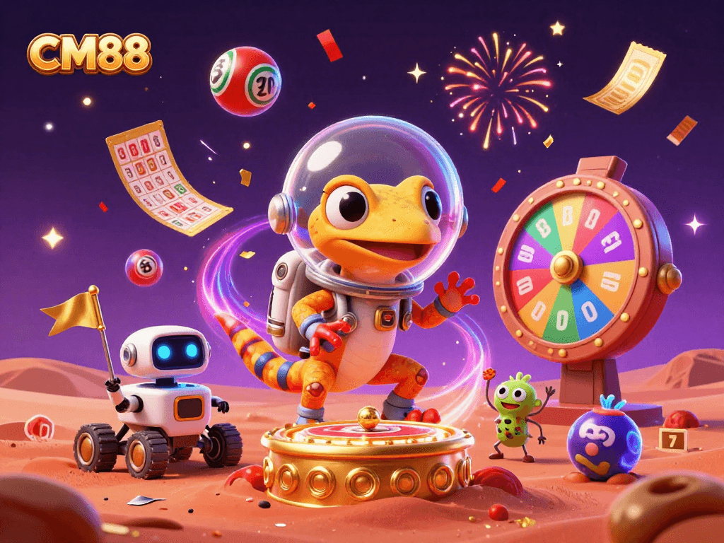 Experience thrilling wins at CM88 with a Martian gecko discovering a golden casino adventure.