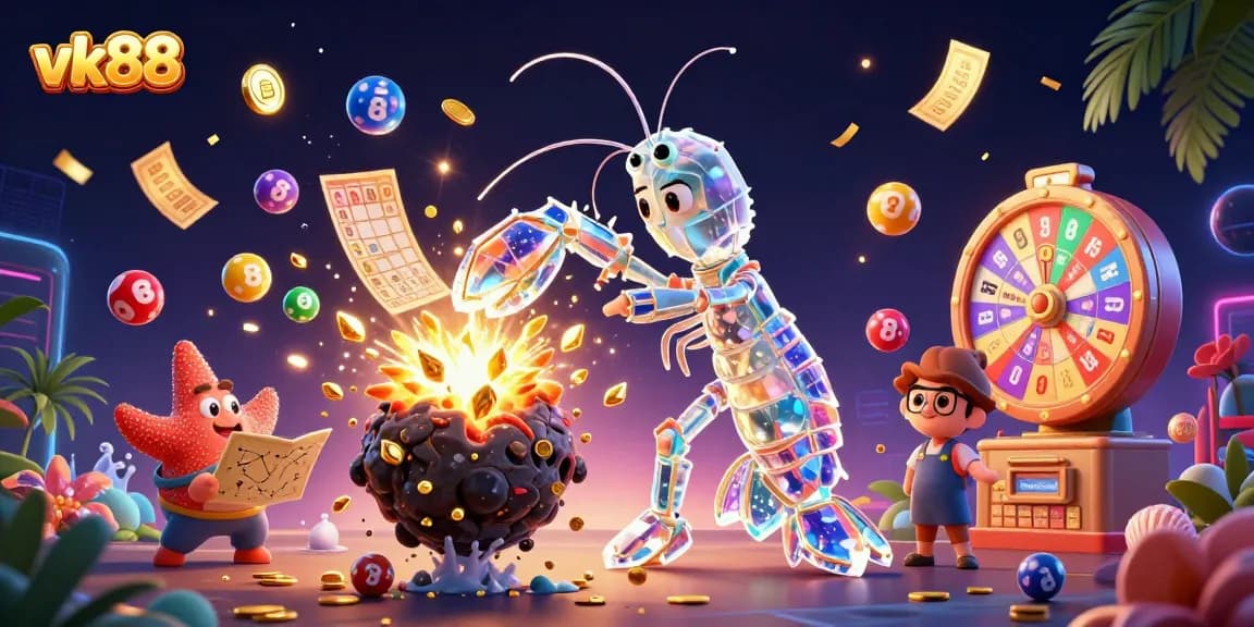 Engage in thrilling games at vk88, where animated characters explore a vibrant casino scene filled with prizes.