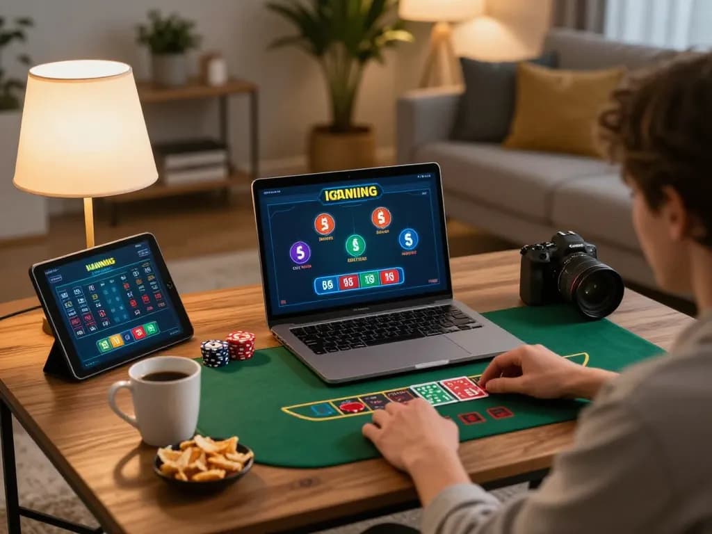 Player utilizing the 7me app for an engaging online blackjack game in a cozy setting.
