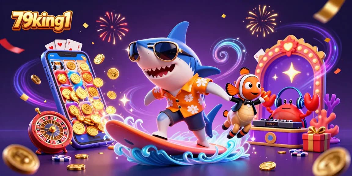 Experience the excitement of 79king1 with our colorful casino scene featuring vibrant game elements and festive characters.