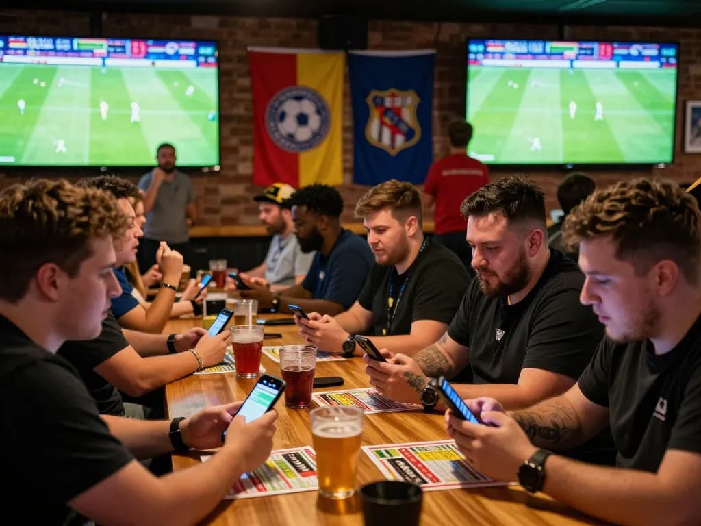 Fans engaging in sports betting at a lively bar, highlighting the energetic camaraderie of trang cá cược bóng đá.