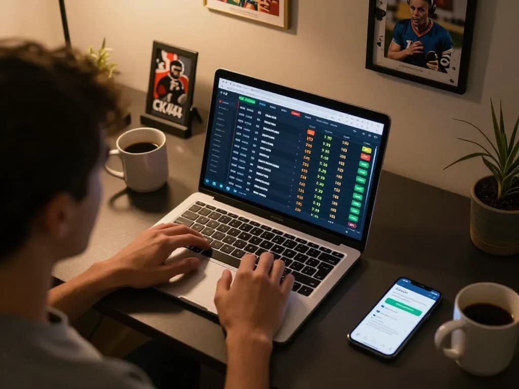 CK444 user analyzing live odds on a laptop while enjoying a strategic betting experience at home