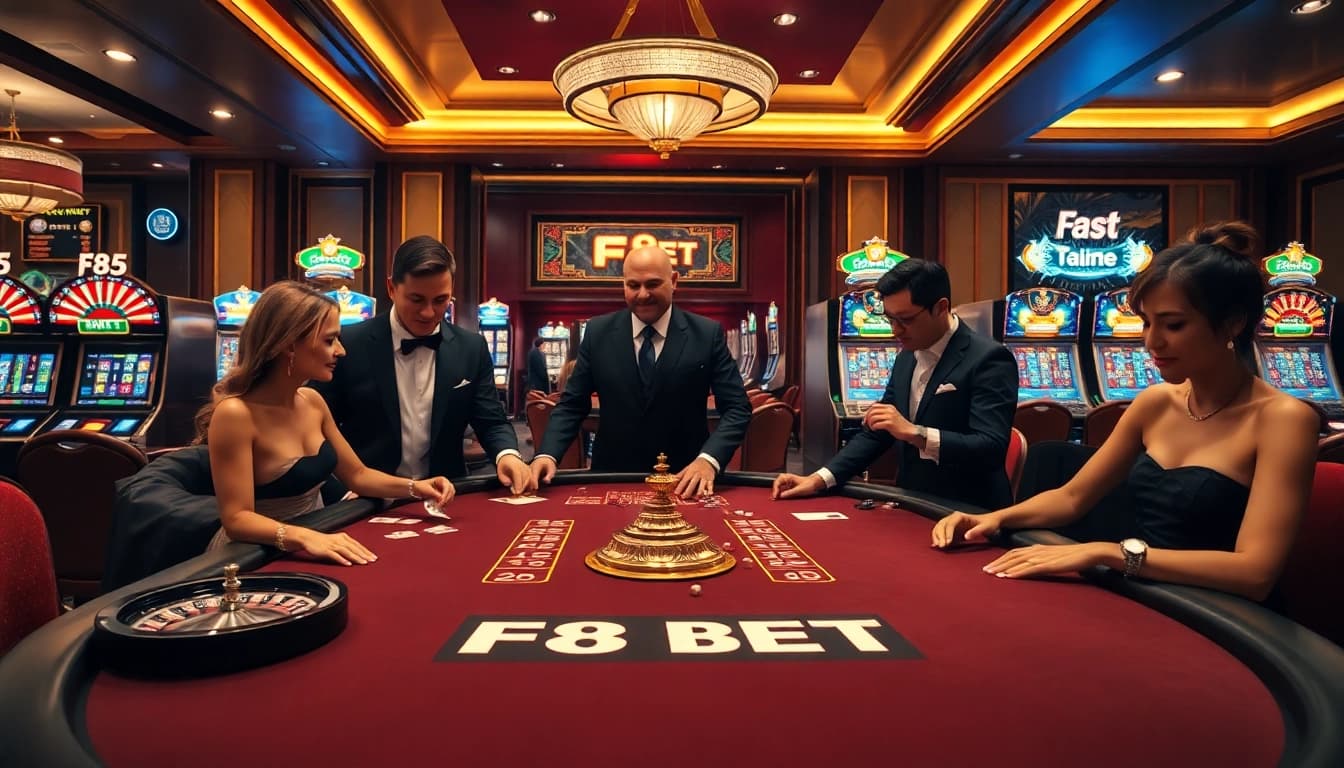 Players enjoying various games at F8 BET casino with vibrant slot machines and poker tables.